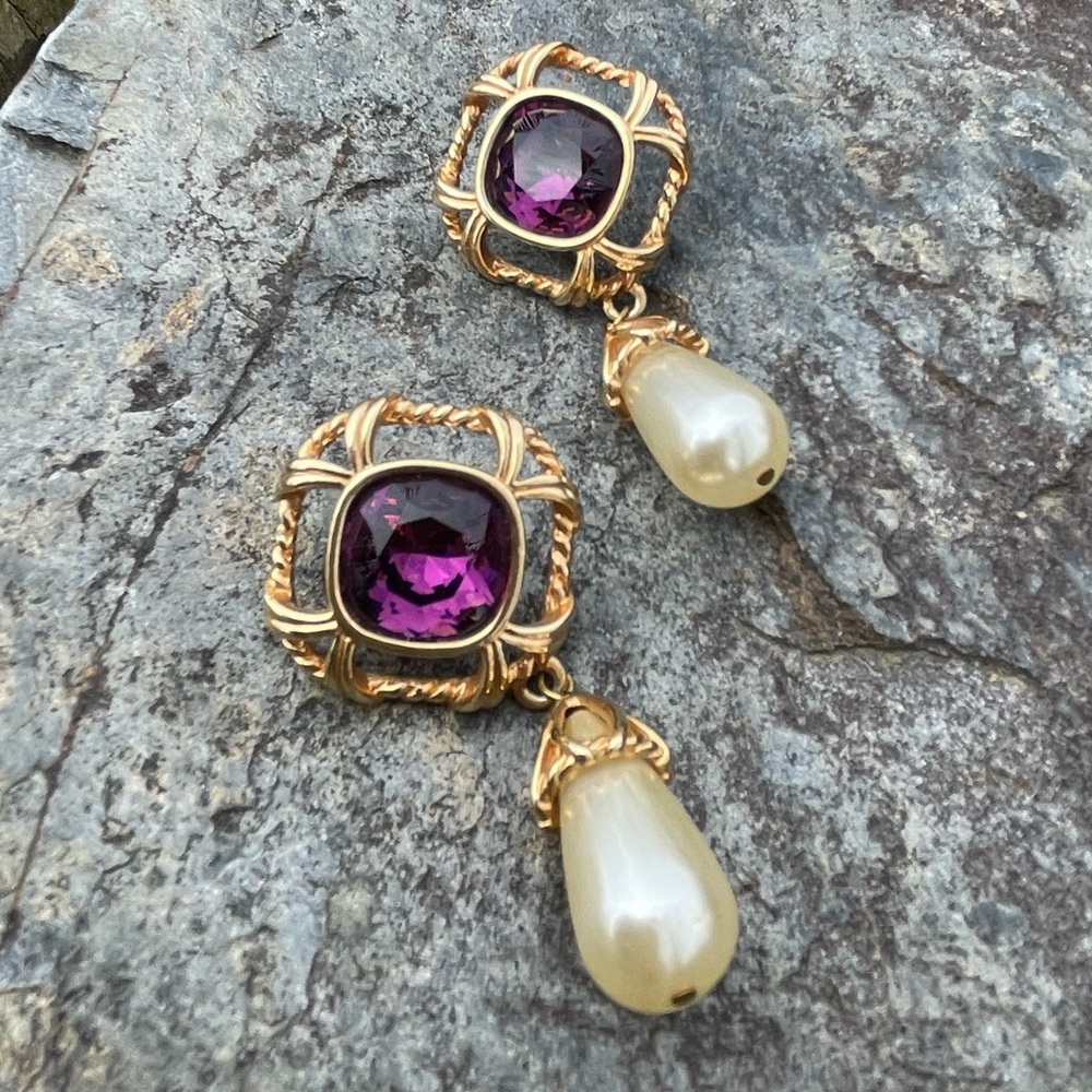 Vintage Swarovski Pearl Drop Large Purple Crystal Earrings - Picture 6 of 9